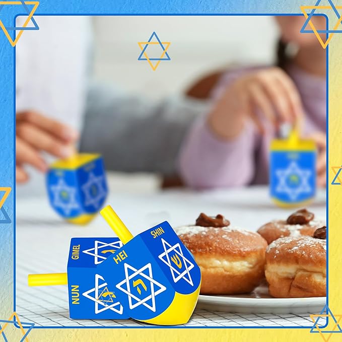 Wonderjune 2 Pcs Hanukkah Dreidels Extra Large Wooden Dreidel for Hanukkah Decoration with English Transliteration, Forever Spinning Tops Party Favors(Hexagram)