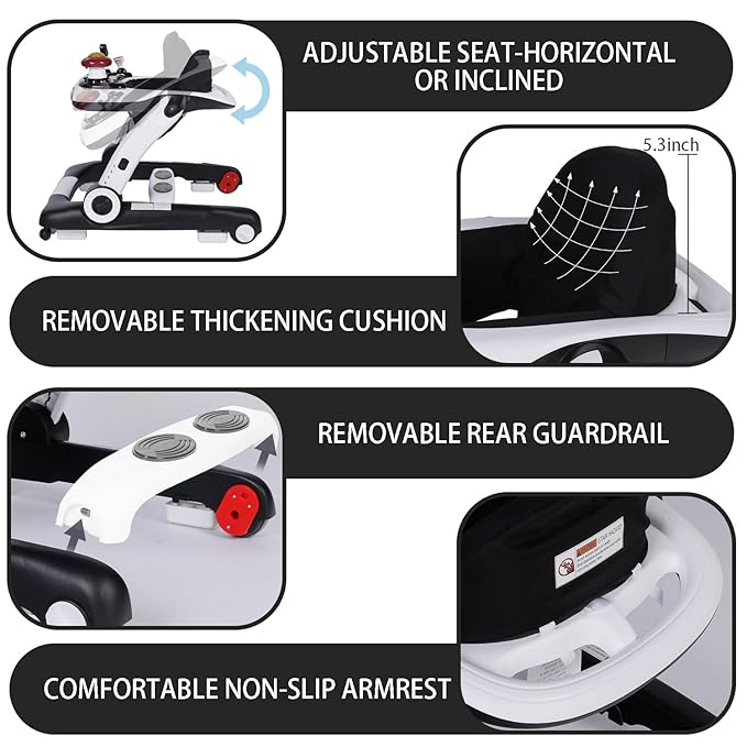 Kinder King Baby Walker with Music & Lights, 5 in 1 Baby Activity Walker with Wheel, Adjustable Height & Seat, Learning-Seated & Toddler Walk-Behind, Safety Bumper, Infant Walker Anti-Rollover, Black