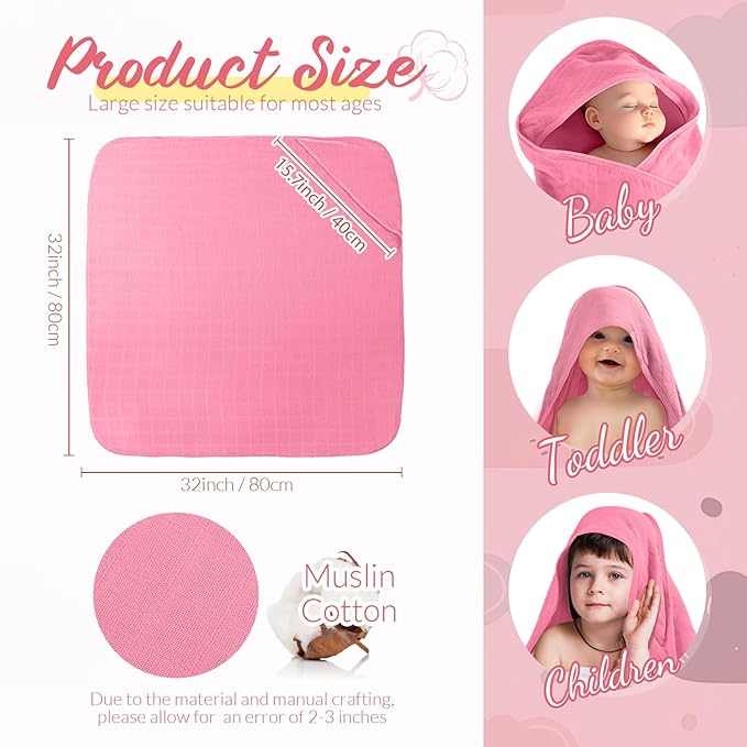Preboun 4 Pcs Muslin Hooded Baby Towels,32"x 32" Cotton Newborn Bath Towel Muslin Infant Baby Blankets Absorbent Unisex Newborn Registry Gift for Girls Boys(Pink Series)