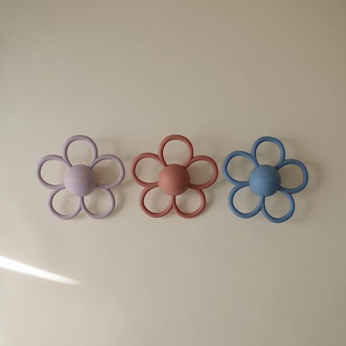 mushie Silicone Baby Daisy Rattle Teether Toy (Faded Denim)