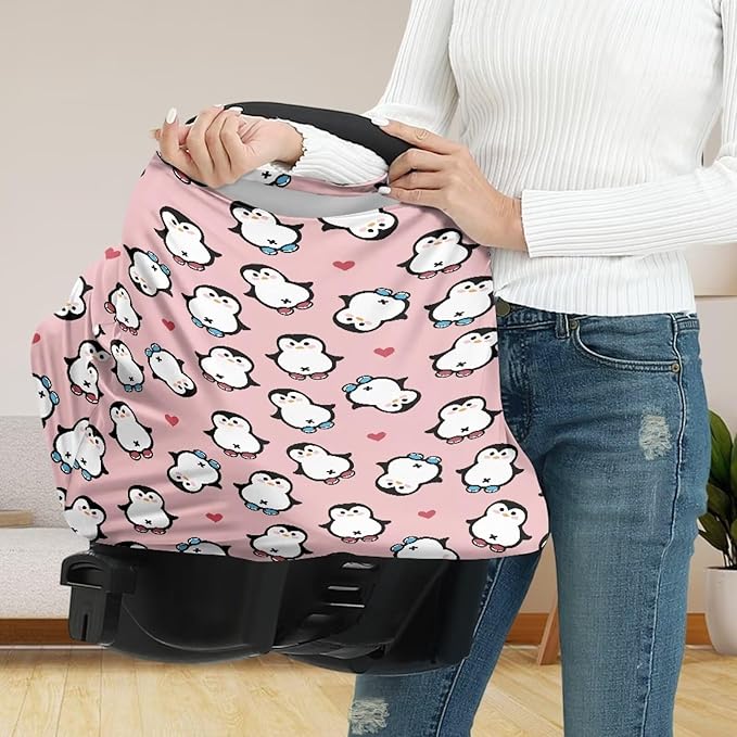 Biyejit Penguin Print Copper Pearl Multi-Use Cover: Car Seat Covers, Nursing Cover, and Stroller Cover for Sun - Stretchy Fabric, All-Season Use, Stylish Designs, Easy Access for Moms