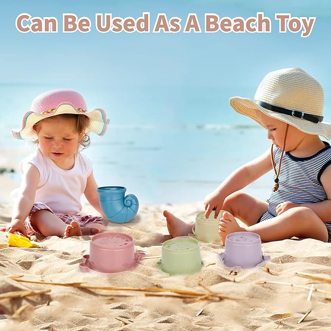 LZZAPJ Bath Toys for Toddlers Age 2-4, Bathtub Water Toys for Kids Age 1-3, Toddler Bath Toy Contains 4 Stackable Cups and 2 Boats and 1 Conch Spoon, Gift for Infants Boys Girls 6-12 Months
