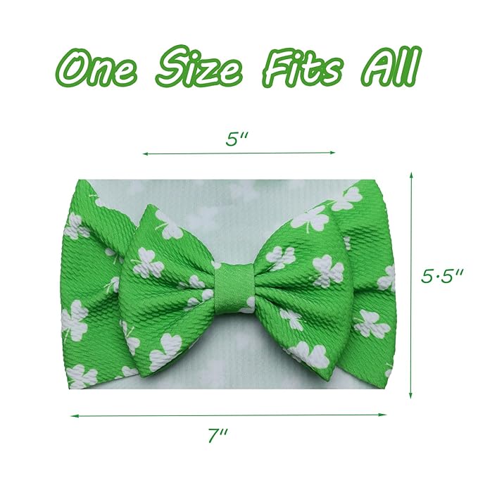 St. Patrick's Day Baby Girls Headbands, Green Clover Printed Big Bows for Baby Girls Elastic Irish Wide Hairbands for Toddlers Newborn Infant Gifts