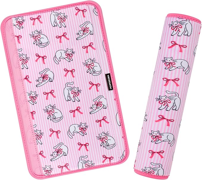 2 Pcs Plush Universal Seat Belt Cover Pad - 2-in-1 Soft Bag Handle Sleeve, Skin-Friendly & Breathable, Machine Washable, Cute Designs for Men Women Kids Car Accessories, Kitty Fun