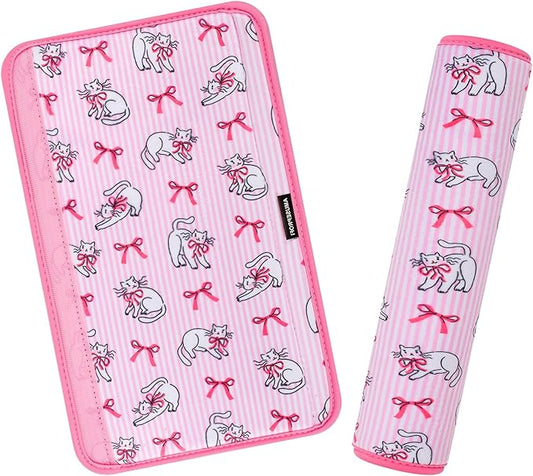 2 Pcs Plush Universal Seat Belt Cover Pad - 2-in-1 Soft Bag Handle Sleeve, Skin-Friendly & Breathable, Machine Washable, Cute Designs for Men Women Kids Car Accessories, Kitty Fun