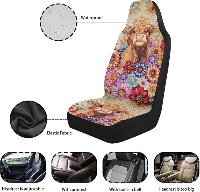 Highland Cow Flower Waterproof Car Seat Cover Universal Front Car Seats Easy to Install Breathable Front Seat Cover Universal for Auto Truck Van SUV 2 Pcs