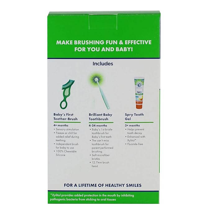 First Teeth Oral Care Kit by Brilliant Oral Care- Set has Baby's 1st Teether-Brush, Brilliant Baby Toothbrush and 2oz Spry Xylitol Tooth Gel, Infants Age 4 Months Old and Up, Baby Must Haves, Blue