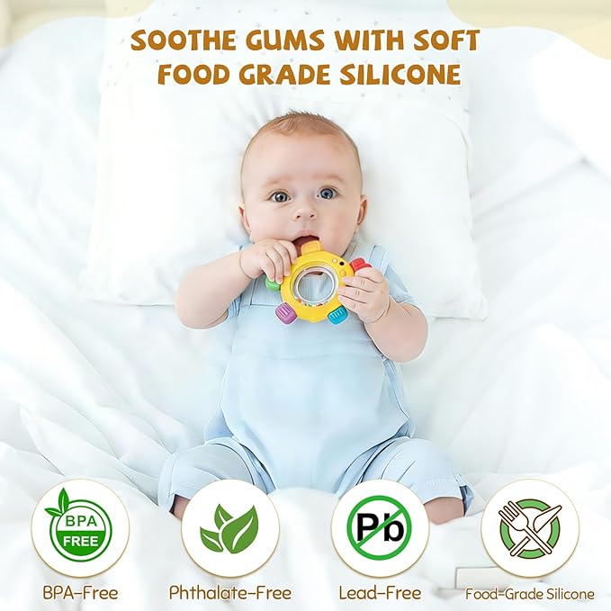 Easter Baby Teething Toys with Rattle for 3-6 6-12 Months, Food Grade Infant Newborn Teether, Baby Essentials Teething Relief, Baby Easter Basket Stuffers Gifts Toys
