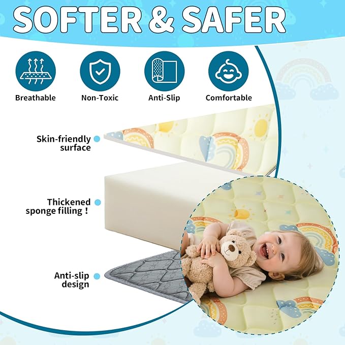 47"x47" Baby Playpen Mat - Thicken Foam Cushioned Playmat for Babies Toddlers Infants - Foldable Baby Play Mat for Floor Non-Slip & Machine Washable, Rainbow
