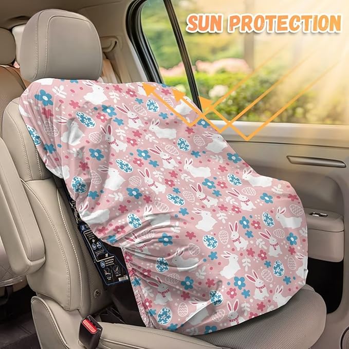 Easter Car Decorations Car Seat Cover Baby Girl Cute Bunny Car Seat Sun Shade Cover Keeps Baby's Carseat at Cooler Temperature, Blocks Out Heat & Sun UV Covers, Pink
