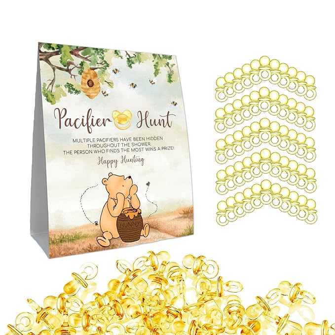 Winnie Mini Pacifiers Baby Shower Game, Pacifiers Hunt Sign, Classic Pooh Baby Shower Game Set, 50Pcs Yellow Mini Pacifiers Decor for Baby Shower, Baby Shower Game Supplies
