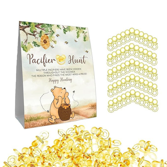 Winnie Mini Pacifiers Baby Shower Game, Pacifiers Hunt Sign, Classic Pooh Baby Shower Game Set, 50Pcs Yellow Mini Pacifiers Decor for Baby Shower, Baby Shower Game Supplies