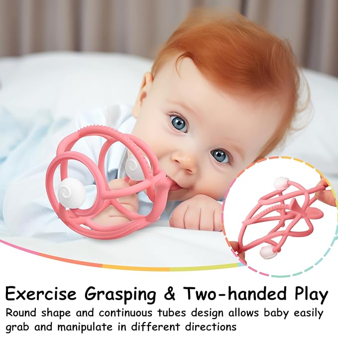 Mombella Snail Teething Rattle Toys for Babies 0-6 Months, Baby Teethers & Rattles Toys 6-12 Months, Silicone Infant Teething Toys for 3-9 Months Old, Great Newborn Gifts for Boys Girls, Pink