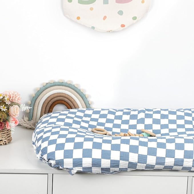 Hooyax Muslin Baby Lounger Cover 2 Pack - 100% Breathable Cotton Soft Infant Lounger Covers, Fits Most Standard Newborn Loungers & Pillows (Blue Checker+Star)