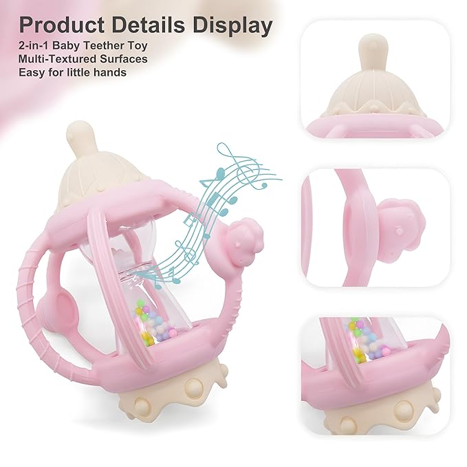 Baby Carousel Teething Toy with Soft Silicone & ABS, 2-in-1 Rattle and Removable Teether Ring, BPA-Free Multi-Sensory Toy for Infants 0–12 Months Newborn Gift for Boys and Girls (Pink)