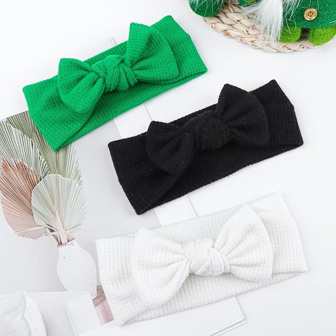 St. Patrick's Day Baby Headbands with Bows - 3 Packs Black, White, Green - Toddler Girls Hair Accessories