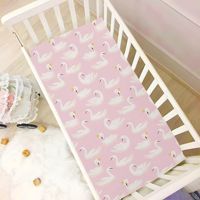 Fitted Crib Sheets Pink Cute Swan Animals Stretchy Portable Playard Sheets for Baby Toddler, Breathable Soft Mini Crib Mattress 52 x 28 in for Boys and Girls