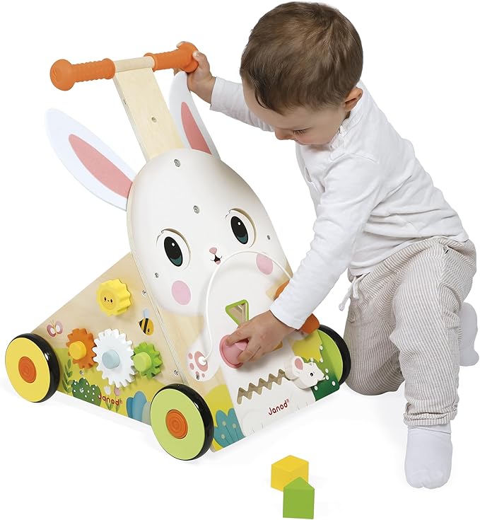 Janod - Farm Multi-Activity Trolley - Wooden Push Cart - 9 Activities - Patented Brake System and Silent Wheels - Developmental Toy for Children - From 12 Months - J03326