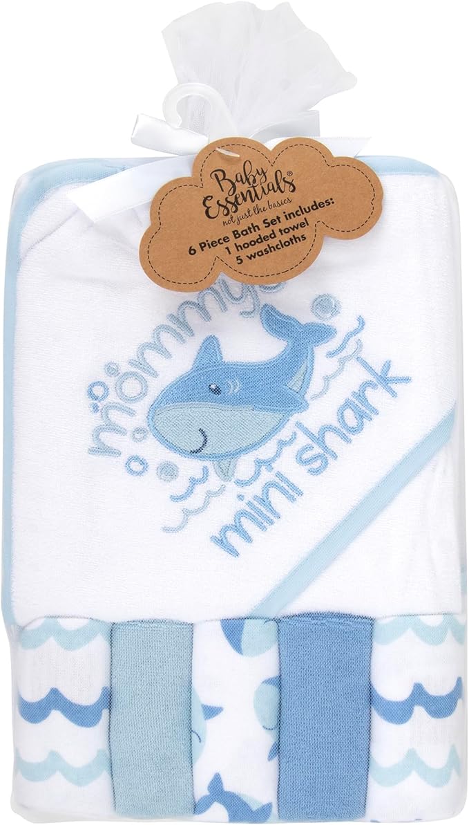 Baby Hooded Bath Towel and Washcloth Set for Infant Boys 6-12 Months (Mini Shark Blue)
