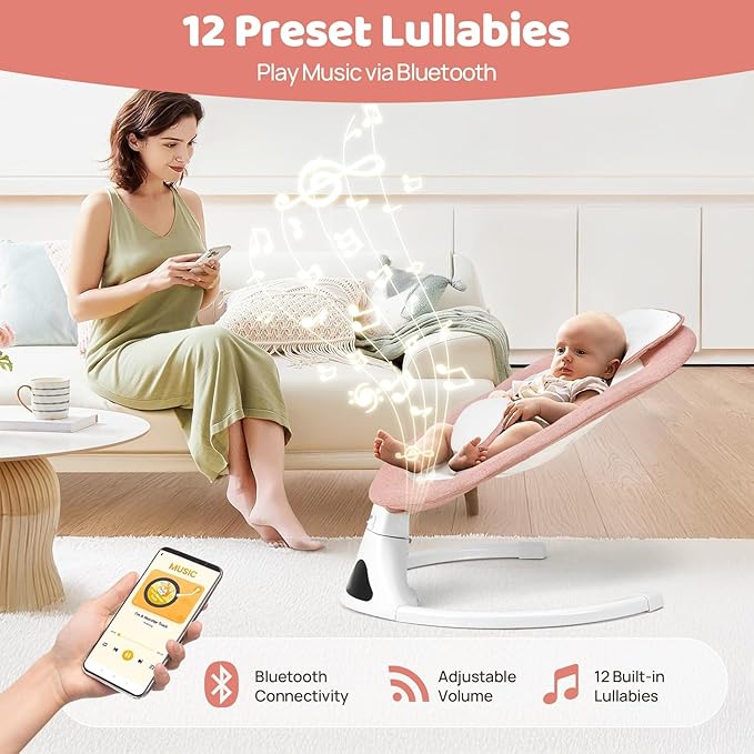Baby Swings for Infants, Pink Infant Swing with 5 Speeds, 12 Soothing Melodies, Bluetooth & Remote Control, Portable Baby Swing for Indoor and Outdoor (Pink)
