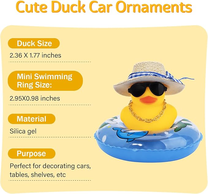 wonuu Car Rubber Duck, Yellow Duck Decoration Dashboard with Sun Hat Swim Ring Necklace Sunglasses for Car Dashboard Decorations