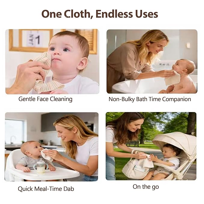 10-Pack Organic Cotton Baby Washcloths | Ultra-Soft Newborn Face Bath Towel - Reusable Baby Wipes for Delicate Skin Thin & Lightweight, Perfect for Babies, Kids, Toddlers, Infant (Stripes)