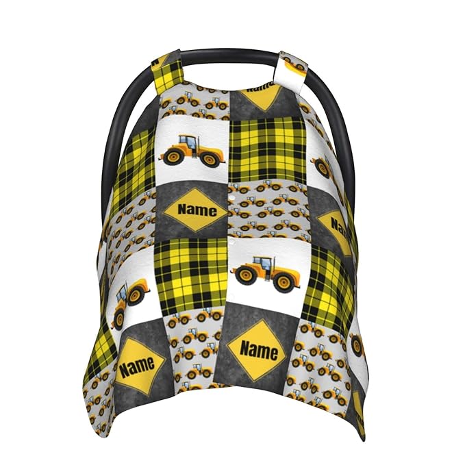 Personalized Tractor Yellow Baby Car Seat Canopy for Babies with Name, Custom Car Seat Covers for Baby Boys, Peekaboo Opening Minky Nursing Cover Infant Car Seat Canopies for Newborn