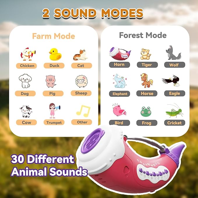 Toys for 3 Years Old Boy Girl Birthday Gift, Music Animal Caller Toy with 30 Realistic Animal Sounds, Early Learning Toy for Kids Todlers with 8" Horn and 3-Level Lights (Crimson - Horn)