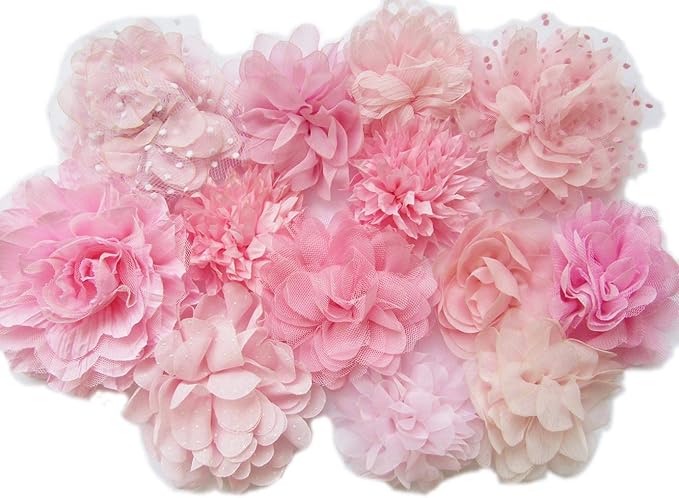 YYCRAFT 10pcs Pink Chiffon Flower for Girls Headband Baby Flowers Bows,Crafts,Party Decoration(3"-4.5")