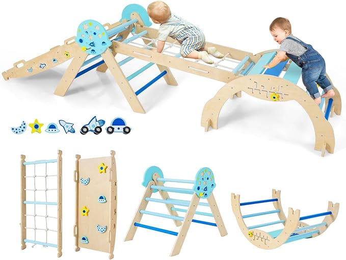 Costzon Pikler Triangle Set, 9-in-1 Foldable Baby Climbing Toys, Wood Montessori Climbing Set for Learning and Motor Skills, Indoor Playground Jungle Gym for Toddlers 3+ Climber Gifts (Blue)