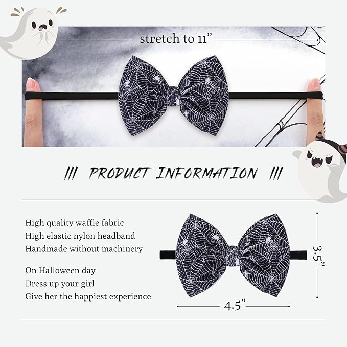 YanJie Halloween Bows for Baby Girls Elastic Nylon Headbands Toddler Girls Spider Hair Bows Ghost Hair Halloween Accessories Newborn