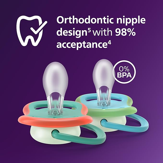 Philips Avent Ultra Air Nighttime Pacifiers - Orthodontic Design, for Babies 6-18 Months, Glow in The Dark, Soft Silicone Symmetrical Nipple, BPA-Free, with 2 Sterilizing Cases, 4 Pack, SCF376/36
