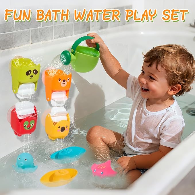 Mold Free Bath Toys, 17PCS | Easy Clean Easy-Grip Baby Bath Toys for Kids Ages 1-3 | Bath Boats Cups Watering Can Tub Toy for Toddlers Age 2-4 | Bathtub Pool Water Toys for 1+ Year Old Boys Girl Gifts