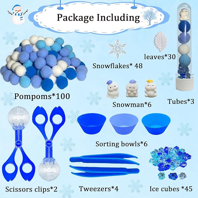 244pcs Winter Sensory Bin Filler Fine Motor Toys 2 Ways Counting Sorting with Sorting Bowls & Tubes Winter Sensory Bin Items 100 Pom Poms 45 Snowflakes 48 Ice Cubes 30 Leaves 6 Snowman