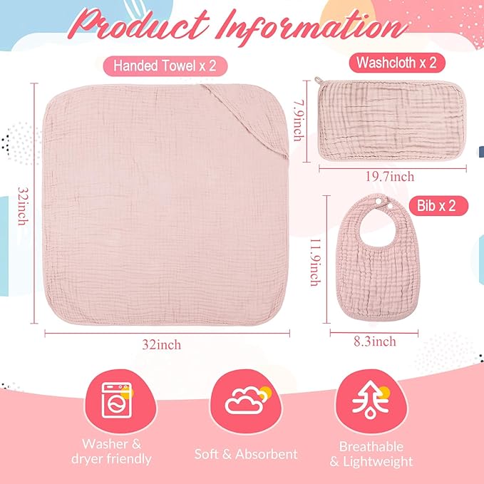Hahafelt 6 Pcs Muslin Hooded Bath Towels Washcloths and Bibs Set, Muslin Cotton Baby Towels Absorbent Hooded Blanket Towel Infant Bibs for Boys Girls Newborn Infant Essentials(Light Green,Light Gray)