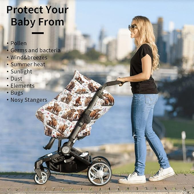 Highland Cow Baby Car Seat Covers Canopy Covers Baby Multi-Use Car Seat Canopy Carrier Cover, Breathable Breastfeeding Cover Boys & Girls