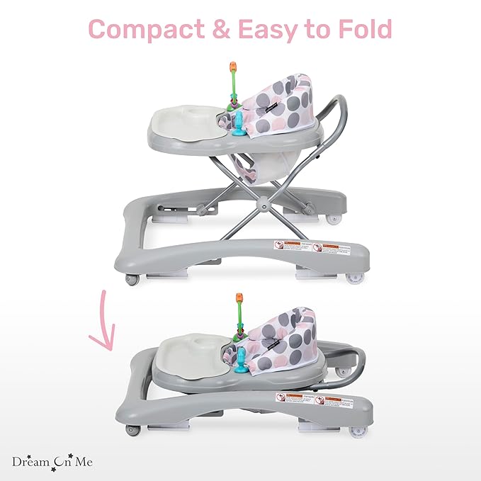 Dream On Me Mia Foldable Baby Walker in Grey, Foldable Walker with Adjustable Heights, Removable, Machine Washable High-Back Padded Seat, Suitable for 6-12 Months