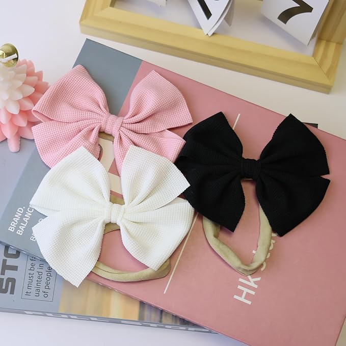 3Pcs Black Baby Girls Bows Elastic Nylon Headbands Toddler Girs Pink Hair Bows White Handmade Bows Hair Accessories Newborn Bows for InfantToddlers Kids
