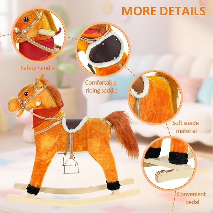 Rocking Horse Toy for Kids Plush Ride on Animal with Wooden Rockers, Moving Mouth and Wagging Tail, Musical Sounds, Baby Rocking Chair, 120kg Weight Capacity, Ages 1-6 Light Brown Middle