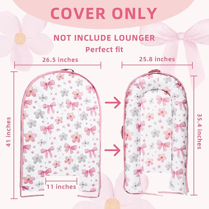 Hooyax Baby Lounger Cover Only, 100% Cotton Newborn Nest Cover, Soft Portable Baby Nest Replacement Cover for Boys Girls, Breathable Infant Lounger Covers, Baby Essential (Bow Flower)