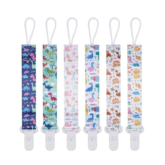 Baby Pacifier Clip,Paci Leash Binky Clips for Baby Boys and Girls,Newborn Essentials,Pack of 6 Gift Set. (Dinosaur)
