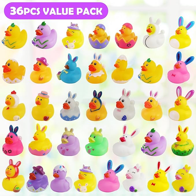 36 Pcs Easter Rubber Ducks, Assortment Rubber Ducks in Bulks for Baby Bath School Classroom Prizes Jeeps Ducking, Easter Basket Stuffers, Easter Party Favors