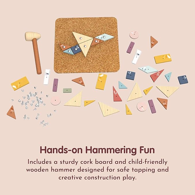 SPEEDY MONKEY Hammer & Nail Game for Kids 36m+ | Wooden Corkboard Pounding & Hammering Toy with Flash Cards | Fine Motor & Imaginative Play Activity | Construction Tool Playset for Girls & Boys