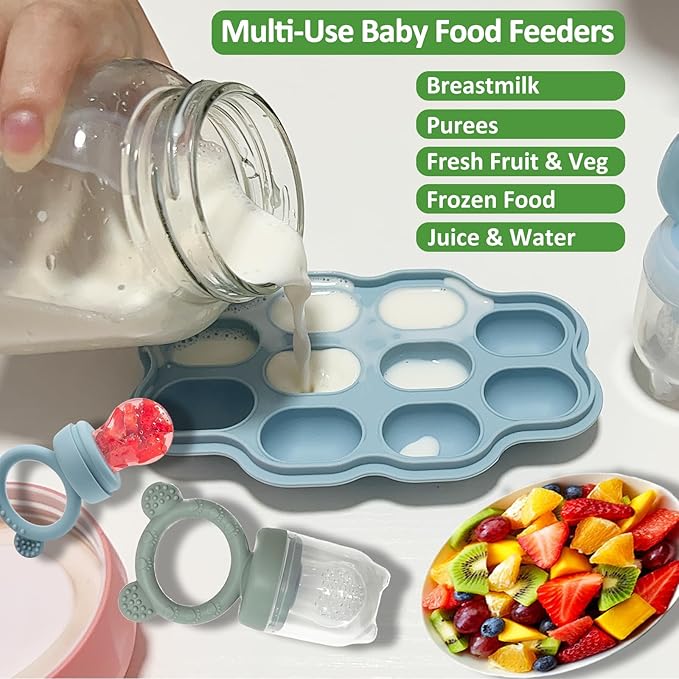 Baby Breastmilk Popsicle Freezer Molds & Baby Fruit Food Feeder Pacifier Set, JEXFUN Baby Silicone Nibble Freezer Tray Food Storage Containers, Breast Milk Ice Cubes for Teething & Self Feeding