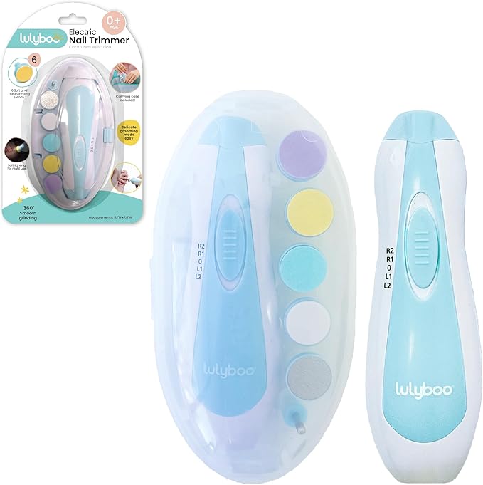 Lulyboo Electric Baby Nail File with 5 Interchangeable Heads, Low Noise & LED Light - Gentle, Safe, Ergonomic Baby Nail Trimmer for Smooth Nails & On-the-Go Grooming with Carry Case