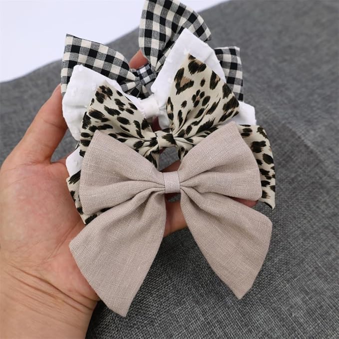 4 PCS Sailor Bow Hair Clips for Kids Girls Women Linen cotton Hair Bow Alligator Clips Baby Toddler Girl Mom Hair Accessories (Leopard/Beige)