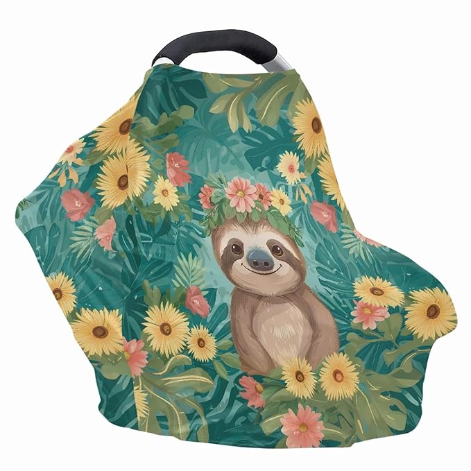 Wanyint Sloth Floral Print Car Seat Covers Canopy Covers for Boys Girls,Breathable Car Seat Covers Canopy-Breathable Soft Nursing Cover for Breastfeeding