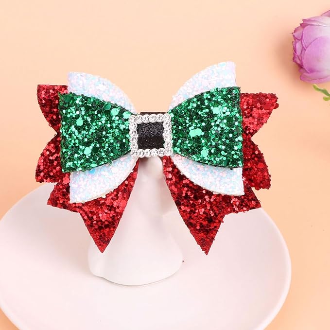Christmas Hair Bow Clips for Girls Green & Red Bow Clip Sparkling Rhinestone Alligator Clips Festive Glitter Xmas Hair Accessories,Hair Bow Clips for Girls-2pcs