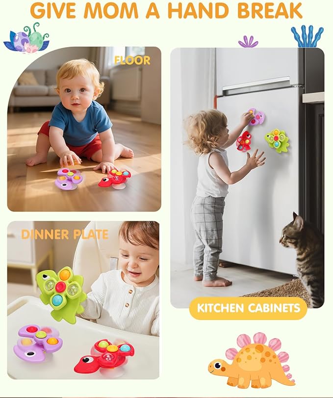 3PCS Dinosaur Suction Cup Toys for 1 Year Old Boys Girls | Sensory Baby Bath Toys for Toddlers 1-3 | Infant Travel & Window Toys | Birthday
