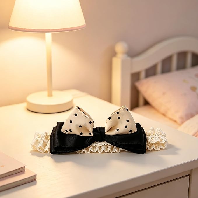 Baby Girls Hairbands Bow Lace Headband Handmade Soft Stretchy Pink Bowknot Hairbands Newborn Hairband with Bows Elastic Hair Bands for Kids Infant(Black and Yellow Dot Bow